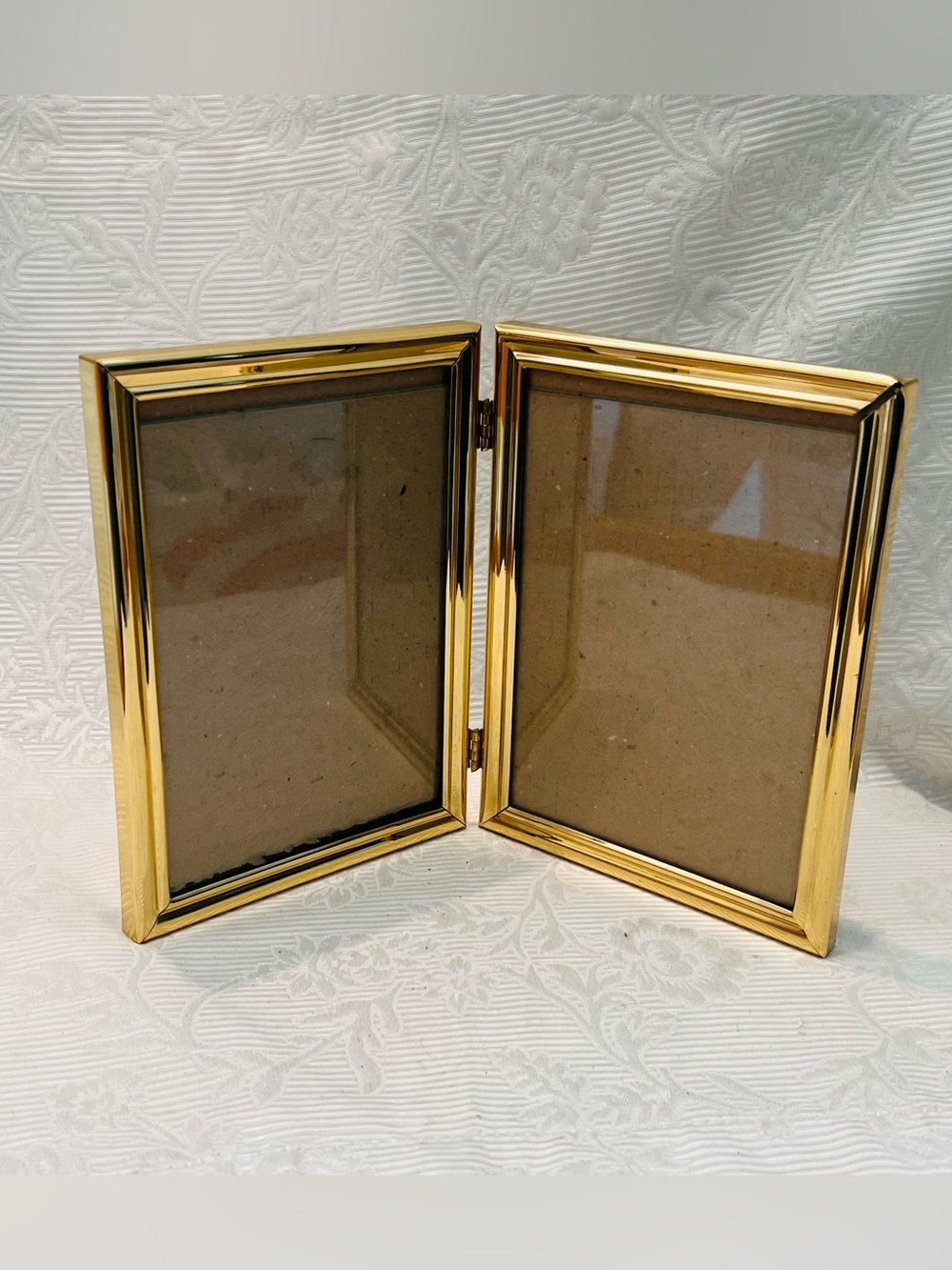 Fetco MCM Solid Brass Double Picture‎ Frame 5X7 Bi-fold Wall Mount/ Freestanding